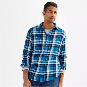 Sonoma Flannel Button-Down Shirt Teal Yellow Plaid L NWT